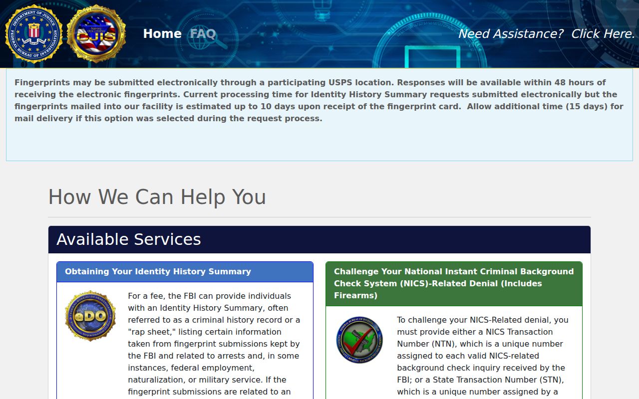 FBI electronic identity history request portal for Gasconade County residents reviewing their own records