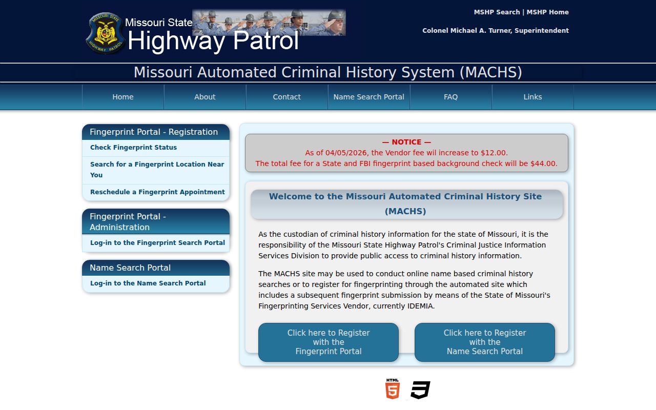 Missouri Automated Criminal History Site request interface for Gasconade County record checks
