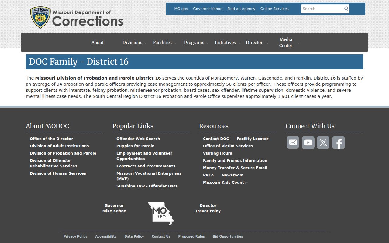 Missouri Probation and Parole District 16 information serving Gasconade County
